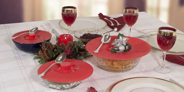 Holiday table with Decorated Red Silicone Lids